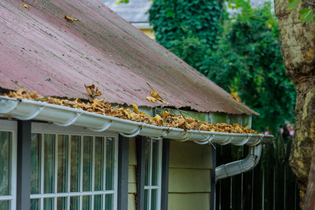 gutters that need replacement with leaves full and gutter hanging off the roof